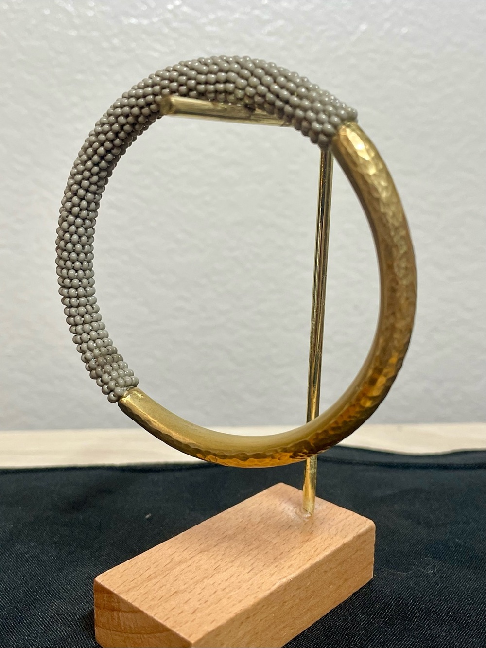 Brass Hammered Bangle with Taupe Beaded Wrap